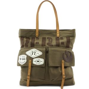 Loungefly Olive Green Canvas Rebel Tote with Tan Straps and Patches